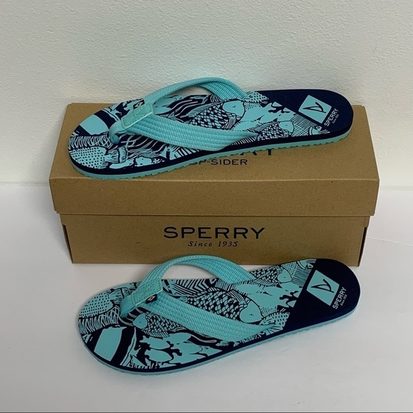 Sperry | Girl's Size 5M | Calyspso Turquoise Ocean Themed Thong Flip Flops NIB - Picture 1 of 10